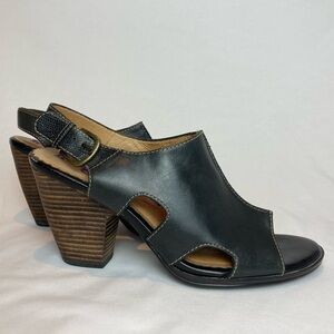 Indigo Black Leather Sling Back Peep-Toe Heels